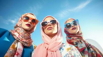 Trois magnifique Jeune femmes dans magnifique foulards et des lunettes de soleil. ai généré. photo