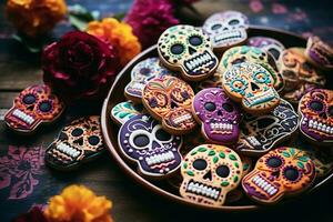 fait maison grotesque crâne et squelette sucre biscuit pendant une mexicain populaire fête de le journée de le mort. photo