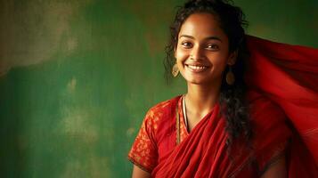 magnifique Jeune Indien femme dans nationale vêtements, souriant. photo