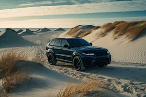 luxe voiture sur le sable dunes. génératif ai photo