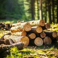 fermer abattu et scié arbre les troncs empilés sur le faubourgs de le forêt. photo