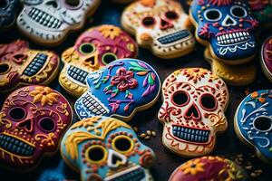 fait maison grotesque crâne et squelette sucre biscuit pendant une mexicain populaire fête de le journée de le mort. photo