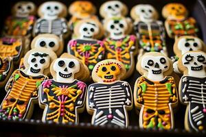 fait maison grotesque crâne et squelette sucre biscuit pendant une mexicain populaire fête de le journée de le mort. photo