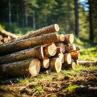 fermer abattu et scié arbre les troncs empilés sur le faubourgs de le forêt. photo