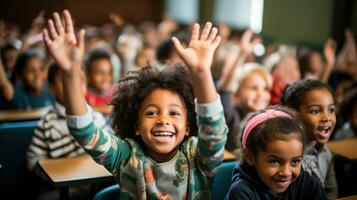 une groupe de diverse élèves vivement élever leur mains dans une salle de cours prêt pour une Nouveau école année photo