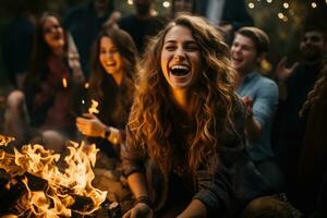 une groupe de copains se rassemble autour une feu dansant et en chantant à Bienvenue automnes arrivée photo