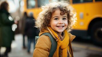 une Jeune enfant vivement des stands dans de face de une école autobus prêt à embarquer sur une Nouveau aventure rempli avec apprentissage et amitiés photo