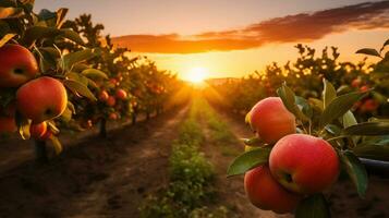 une chaud le coucher du soleil plus de une tentaculaire Pomme verger Contexte avec vide espace pour texte photo