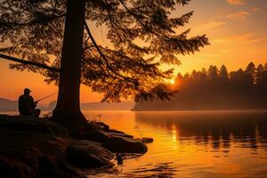 une seul pêcheur jette le sien ligne dans le serein des eaux se prélasser dans le chaud teintes de une d'or l'automne le coucher du soleil photo