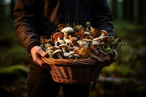 une main en portant une panier rempli avec fraîchement butiné sauvage champignons mettant en valeur le généreux trésors de le forêt photo