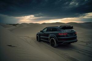 luxe voiture sur le sable dunes. génératif ai photo