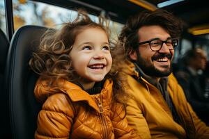 content père et fille à la recherche à caméra tandis que séance dans banquette arrière de auto. génératif ai photo