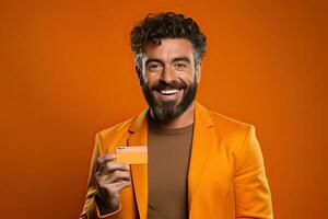 barbu homme dans Jaune veste en utilisant mobile téléphone sur Orange Contexte. génératif ai photo