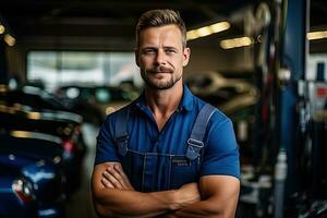 technicien, Masculin auto mécanicien dans combinaison dans moderne auto réparation boutique, garage. génératif ai photo
