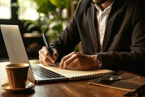 homme d'affaire travail avec portable ordinateur dans bureau. proche en haut de mains. génératif ai photo