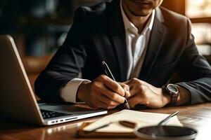 homme d'affaire travail avec portable ordinateur dans bureau. proche en haut de mains. génératif ai photo