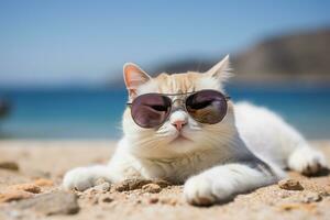 mignonne chat portant des lunettes de soleil mensonge sur le le sable à le plage. ai génératif photo