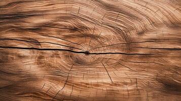 fermer de une fissuré bois tranche avec arbre anneaux avec en bois texture ai génératif photo