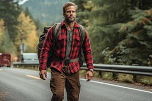 Beau barbu homme avec sac à dos dans le l'automne forêt. Voyage et aventure concept. génératif ai photo