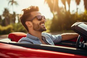 Jeune Beau homme conduite convertible voiture dans le montagnes. côté voir. génératif ai photo