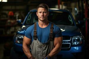 technicien, Masculin auto mécanicien dans combinaison dans moderne auto réparation boutique, garage. génératif ai photo