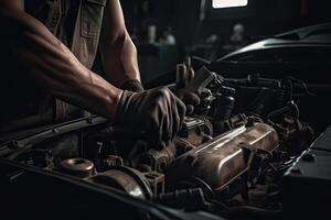 professionnel mécanicien travail dans auto réparation magasin. voiture un service et entretien concept. génératif ai photo