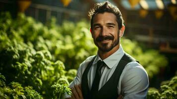 Beau Masculin agriculteur dans serre avec vert les plantes et des légumes photo