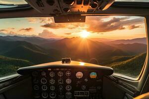vue de le cockpit de une hélicoptère pendant lever du soleil dans le montagnes. le coucher du soleil vue plus de le bleu crête montagnes de le cockpit de une privé avion. ciel avec des nuages. ciel arrière-plan, ai généré photo