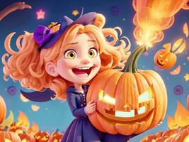 mignonne dessin animé fille dans Halloween costume avec citrouille. Halloween faire la fête. photo