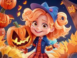 mignonne dessin animé fille dans Halloween costume avec citrouilles. photo