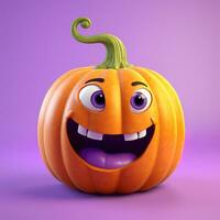 Halloween citrouille avec yeux et une sourire sur une lumière lilas arrière-plan, 3d photo