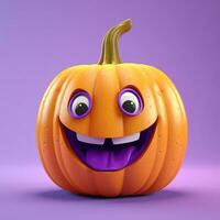 Halloween citrouille avec yeux et une sourire sur une lumière lilas arrière-plan, 3d photo