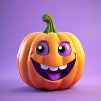 Halloween citrouille avec yeux et une sourire sur une lumière lilas arrière-plan, 3d photo