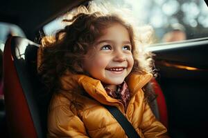 content père et fille à la recherche à caméra tandis que séance dans banquette arrière de auto. génératif ai photo