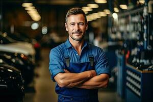 technicien, Masculin auto mécanicien dans combinaison dans moderne auto réparation boutique, garage. génératif ai photo