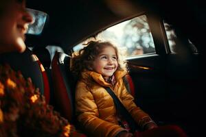 content père et fille à la recherche à caméra tandis que séance dans banquette arrière de auto. génératif ai photo