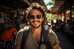 Beau Jeune homme touristique ayant amusement sur été vacances souriant et à la recherche à caméra. génératif ai photo