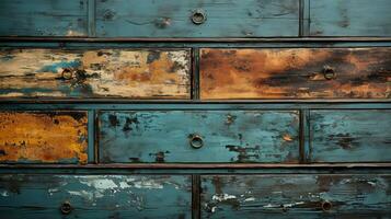 génératif ai, vieux une commode en bois texture. bleu, turquoise, Jaune et Orange couleurs. ancien grunge Contexte photo