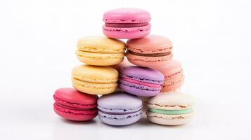 sucré français macarons sur une blanc arrière-plan, dessert. photo