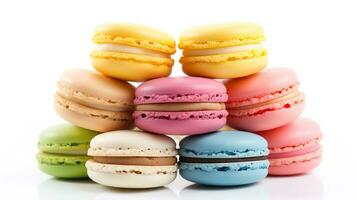 sucré français macarons sur une blanc arrière-plan, dessert. photo