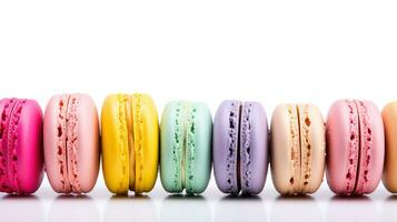 sucré français macarons sur une blanc arrière-plan, dessert. photo