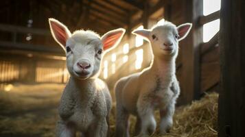 génératif ai, peu agneaux à la recherche à le caméra sur une cultiver, bébé des moutons photo