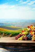 une pittoresque vignoble avec coloré l'automne feuillage une du vin baril et une clair bleu ciel Contexte avec vide espace pour texte photo