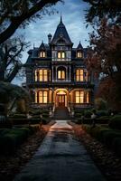 une effrayant vieux Manoir permanent seul dans le clair de lune attendre à Bienvenue amateurs de sensations fortes sur hanté maison et fantôme visites guidées photo