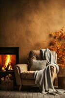 une chaud vivant pièce avec une crépitement cheminée l'automne feuilles à l'extérieur et une confortable fauteuil Contexte avec vide espace pour texte photo