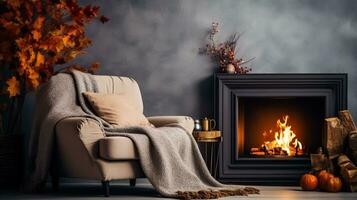 une chaud vivant pièce avec une crépitement cheminée l'automne feuilles à l'extérieur et une confortable fauteuil Contexte avec vide espace pour texte photo