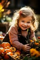 une de bonne humeur enfant choix une parfait citrouille de une tentaculaire pièce entouré par vibrant l'automne feuilles et de fête décorations photo