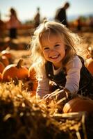 des familles tailler citrouilles avec sourit tandis que des gamins jouer parmi meules de foin création souvenirs dans le de fête citrouille pièce photo