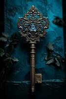 une ancien clé avec une fantomatique aura symbolisant le entrée à mystérieux hanté Maisons pendant octobre photo