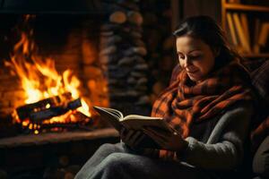 une femme est assis par une crépitement cheminée enveloppé dans une couverture absorbé dans une captivant l'automne lis photo